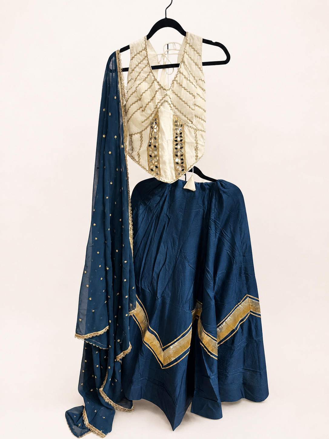 White and Blue Cross Cut Choli Design with Sleeveless Top
