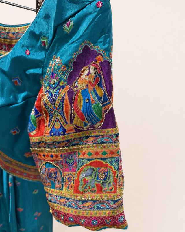 Aqua Blue with Heavy Red Dupatta Folk Design Lehenga