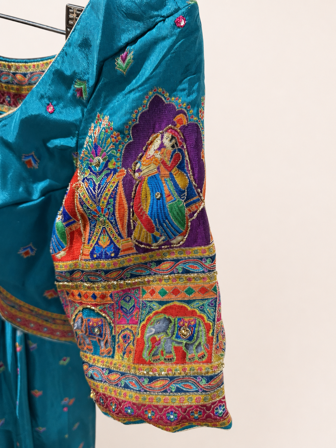Aqua Blue with Heavy Red Dupatta Folk Design Lehenga