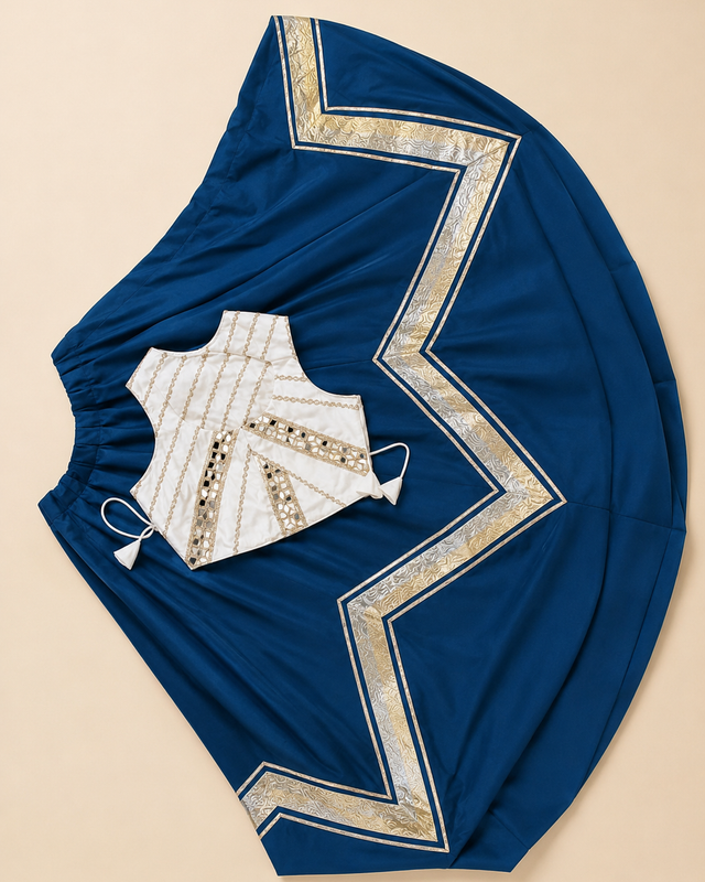 White and Blue Cross Cut Choli Design with Sleeveless Top