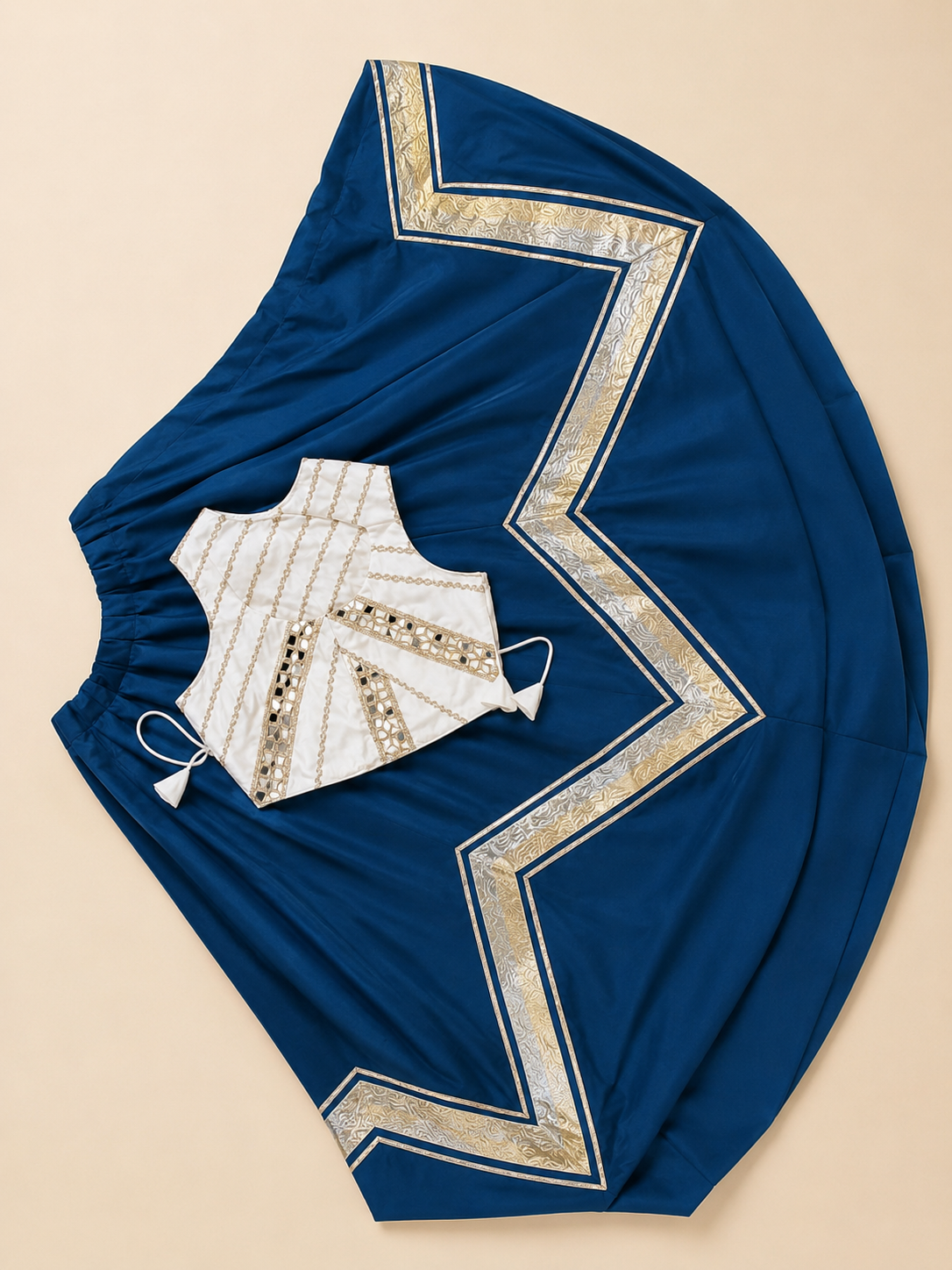 White and Blue Cross Cut Choli Design with Sleeveless Top