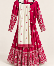 Red and white Dupatta Long Sleeve Navratri Collection Lehenga Set