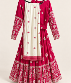 Red and white Dupatta Long Sleeve Navratri Collection Lehenga Set