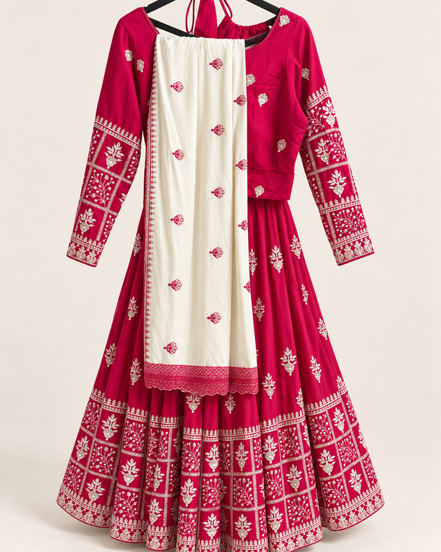 Red and white Dupatta Long Sleeve Navratri Collection Lehenga Set