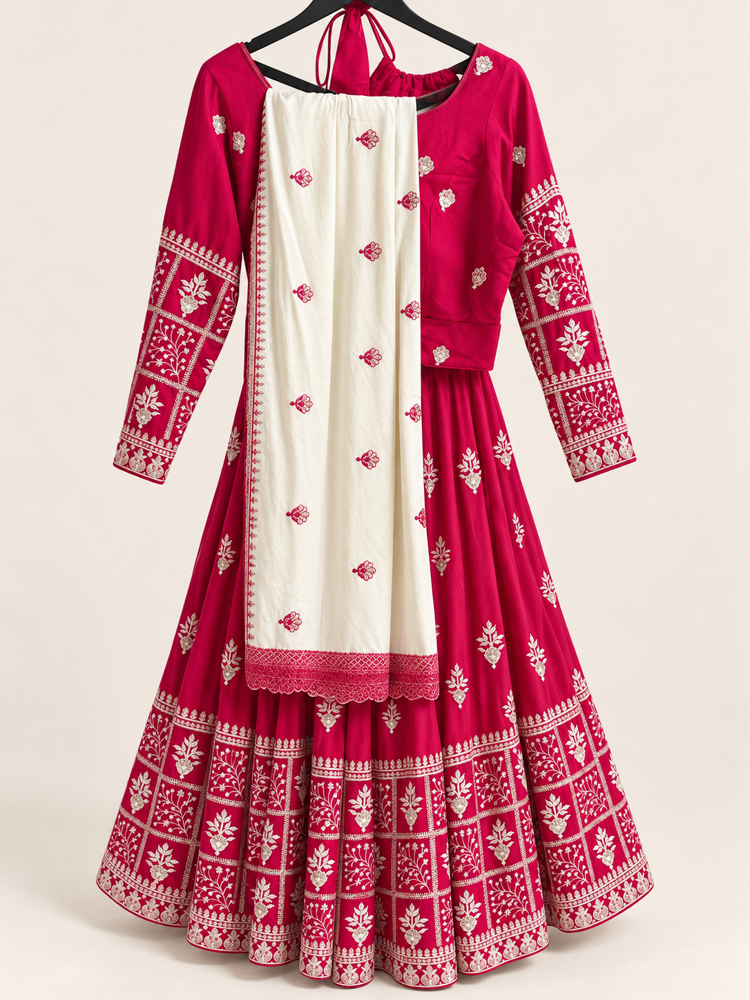 Red and white Dupatta Long Sleeve Navratri Collection Lehenga Set