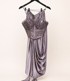 Corset top Heavy Design Pre-Stiched Saree Rose Gold Hanging beads