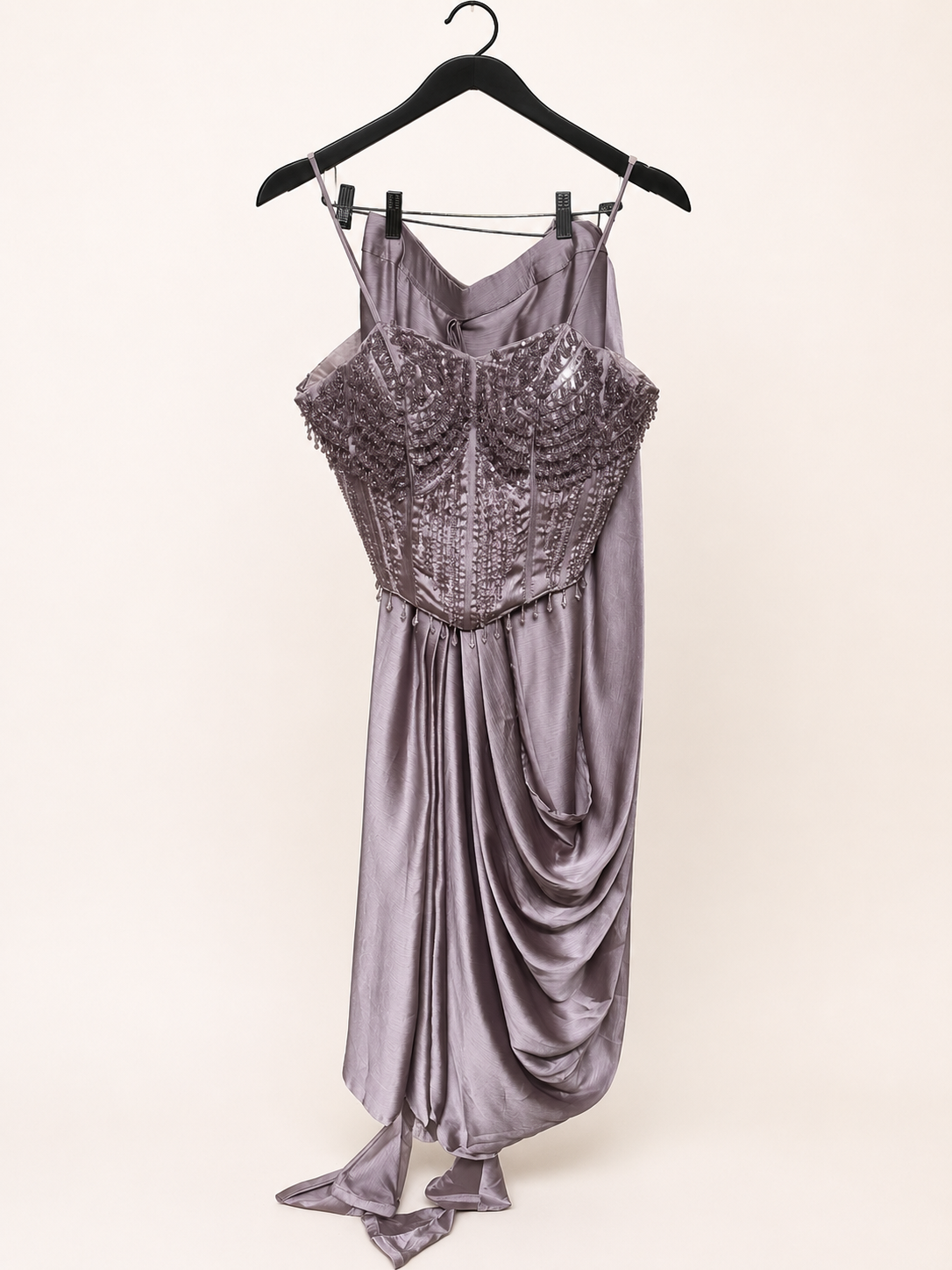 Corset top Heavy Design Pre-Stiched Saree Rose Gold Hanging beads