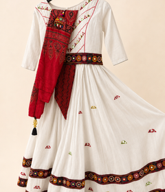 White Folk Traditional Garba Lehenga Set and Red Dupatta
