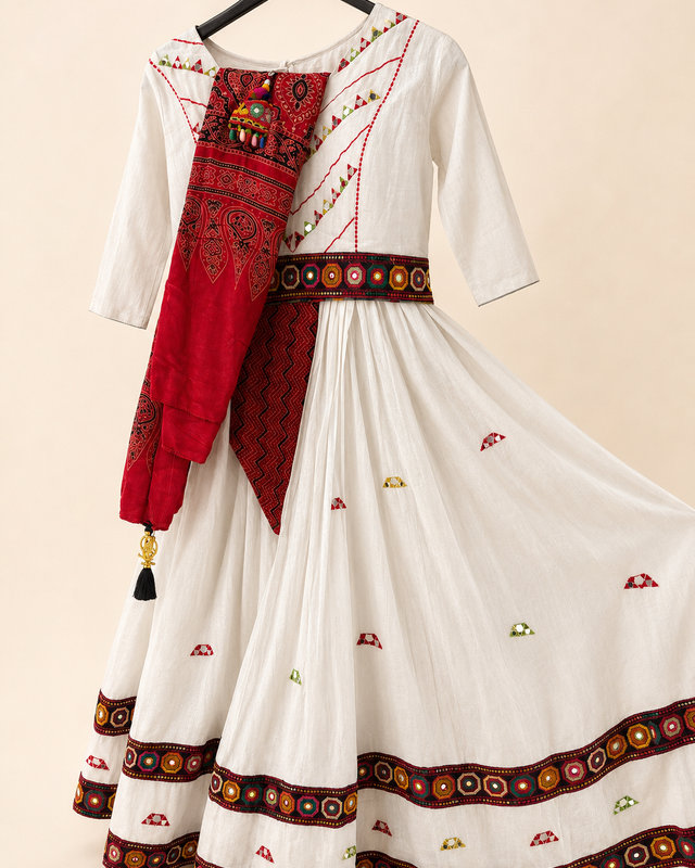 White Folk Traditional Garba Lehenga Set and Red Dupatta