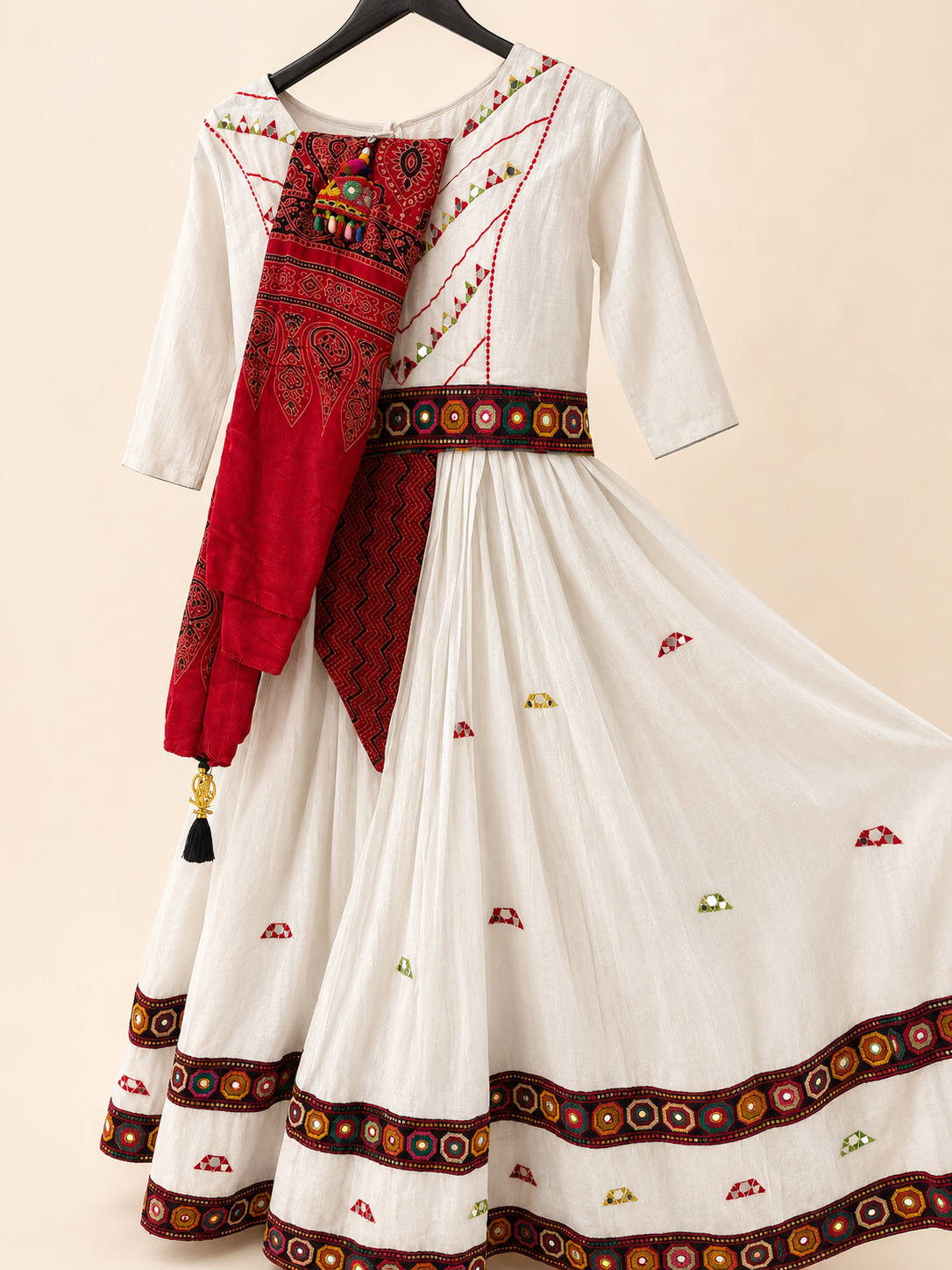 White Folk Traditional Garba Lehenga Set and Red Dupatta
