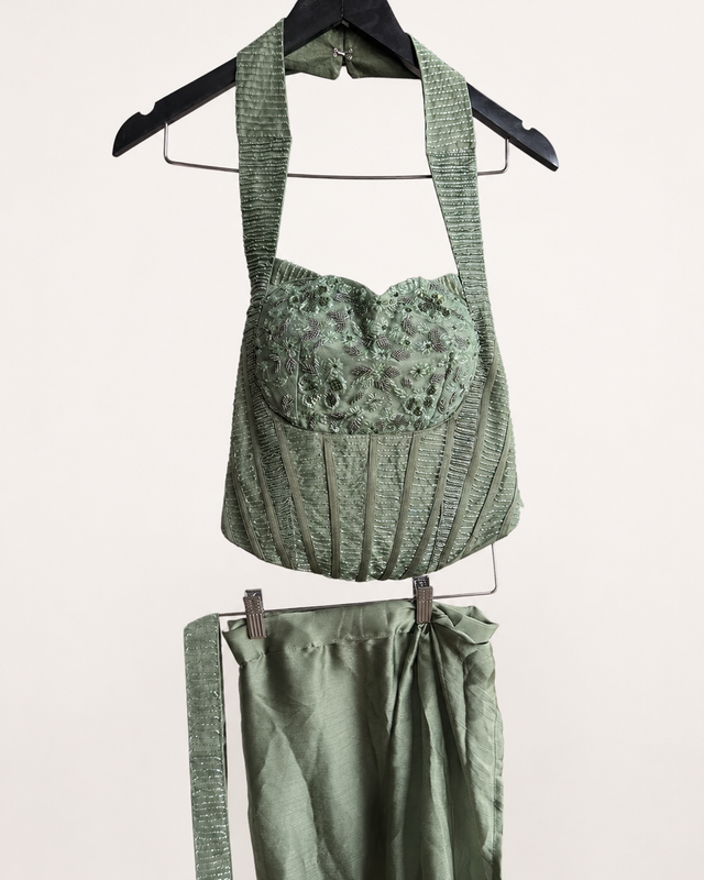 Satin Green Corset Saree Pre-Stiched