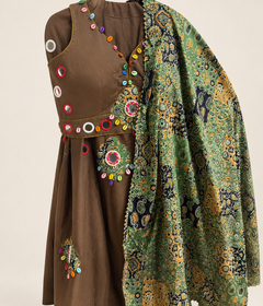 Brown Traditional Folk with Green Dupatta Lehenga Garba Set