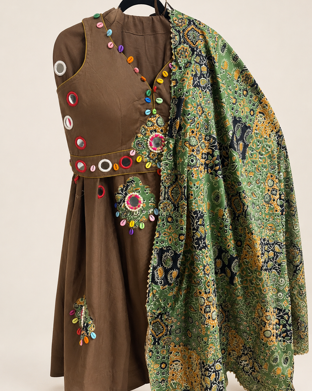 Brown Traditional Folk with Green Dupatta Lehenga Garba Set