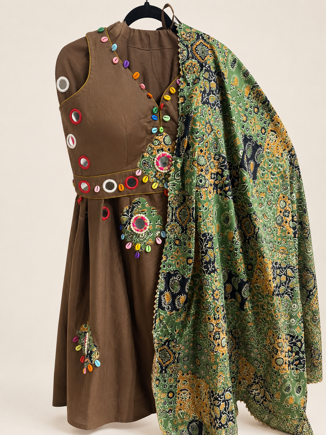 Brown Traditional Folk with Green Dupatta Lehenga Garba Set