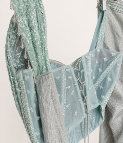 Aqua Green Sequence Wire Crop Top Corset Pre-Stiched Skirt