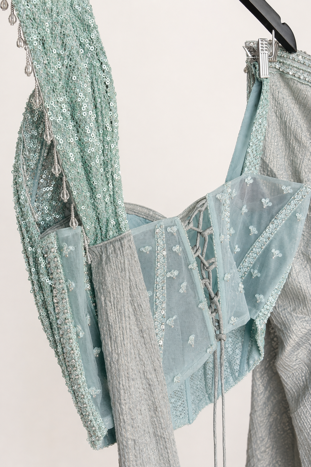 Aqua Green Sequence Wire Crop Top Corset Pre-Stiched Skirt