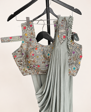 Grey Pattern Soft Pre-Stiched  Saree with purse