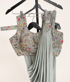 Grey Pattern Soft Pre-Stiched  Saree with purse