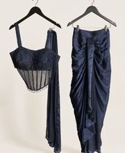 Navy Blue Corset See Through Top Pre-Stiched  Saree and with dangle beads. Dupatta attached to top
