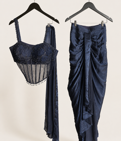 Navy Blue Corset See Through Top Pre-Stiched  Saree and with dangle beads. Dupatta attached to top