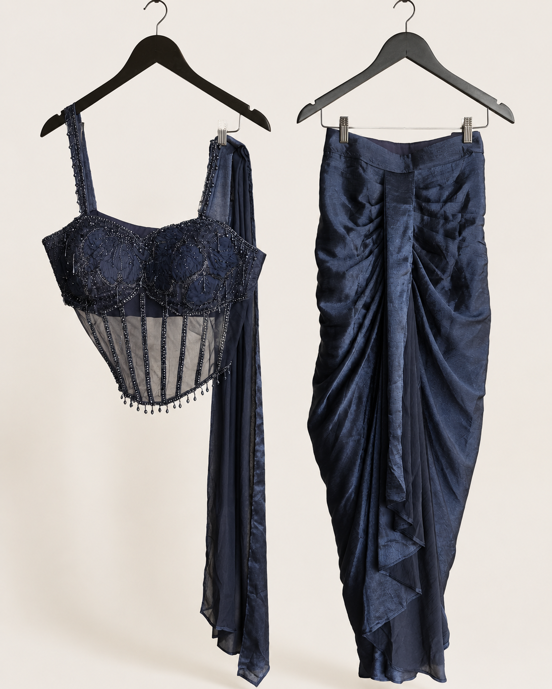 Navy Blue Corset See Through Top Pre-Stiched  Saree and with dangle beads. Dupatta attached to top