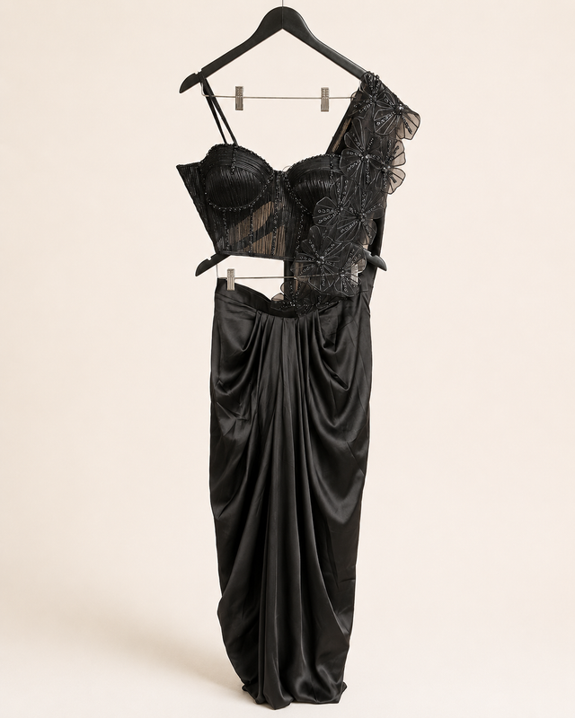 Black Wire Crop Top with Floral Dupatta Pre-Stiched Saree