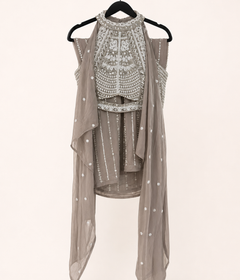 Grey with White Halter Top Embroidery and Sequence Palazzo Set Heavy striped Pant