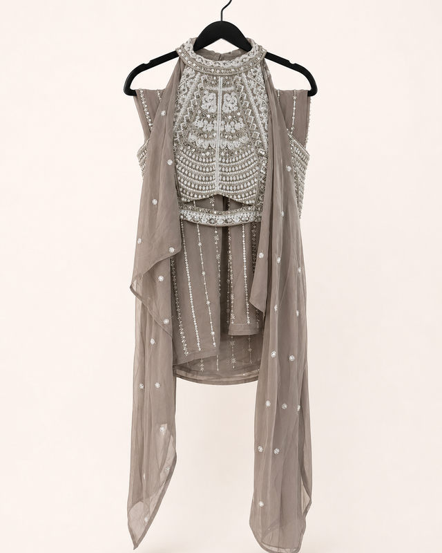 Grey with White Halter Top Embroidery and Sequence Palazzo Set Heavy striped Pant