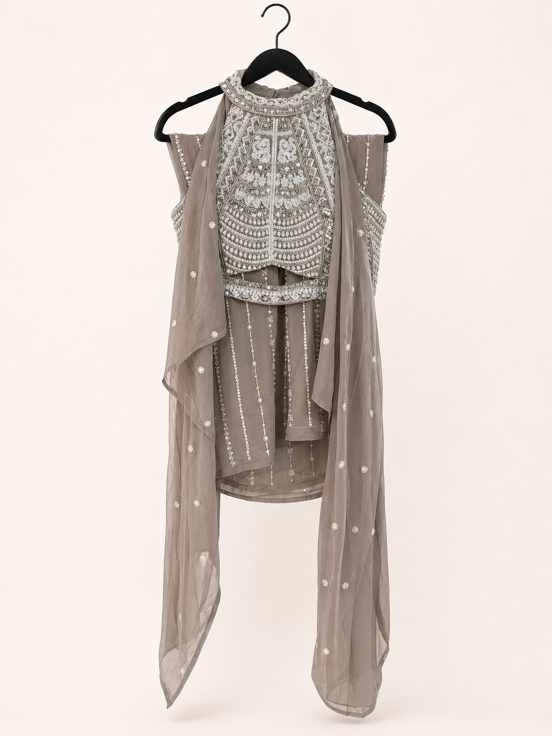 Grey with White Halter Top Embroidery and Sequence Palazzo Set Heavy striped Pant