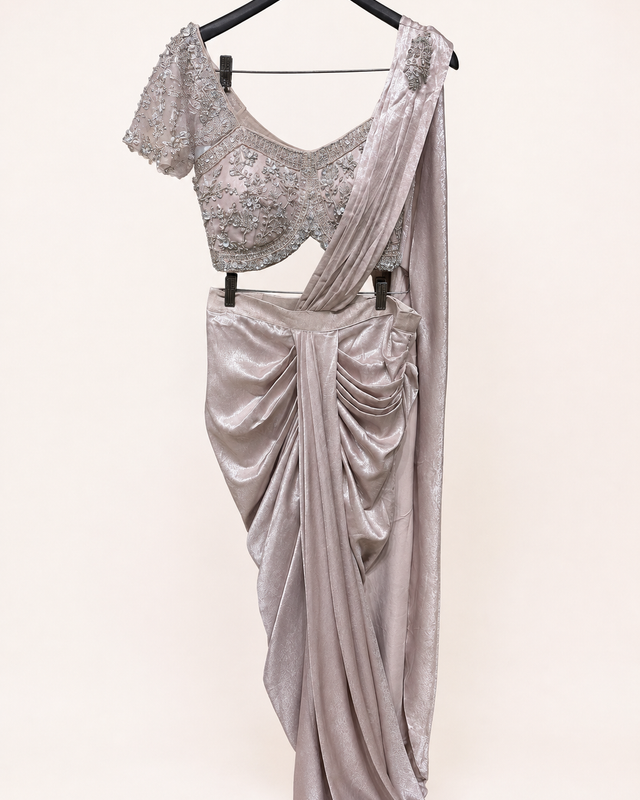 Dusty Rose Champagne Stunning Pre-Stiched Saree with Designer Blouse