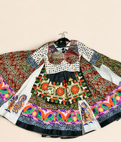 White Folk Colorful Garba Lehenga Set With Black Dupatta