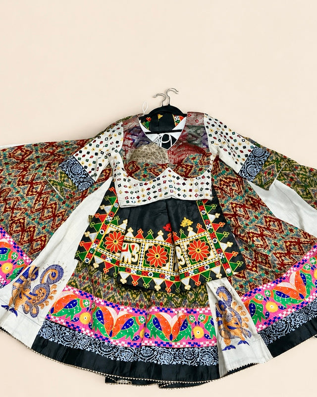 White Folk Colorful Garba Lehenga Set With Black Dupatta