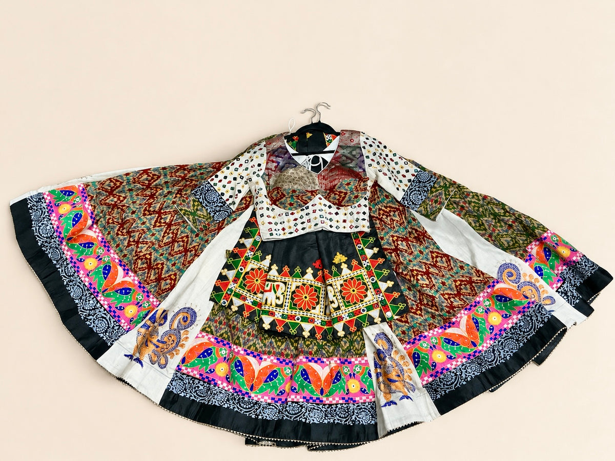 White Folk Colorful Garba Lehenga Set With Black Dupatta