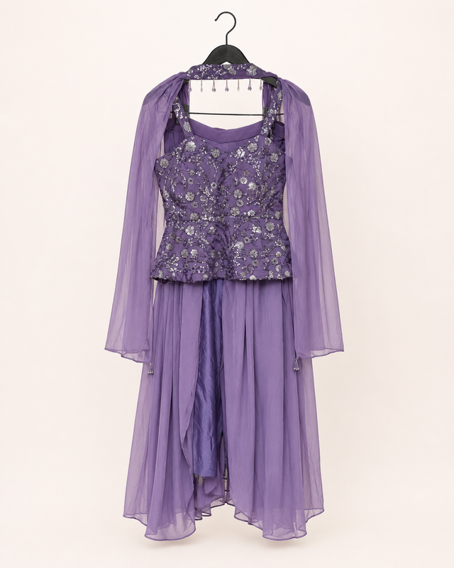 Purple Sequence Strap Peplum Top With Choker Dupatta Gown Dress