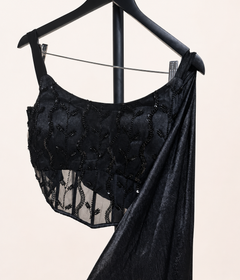 All Black Elegant with Black Beads soft material pre  sari gown