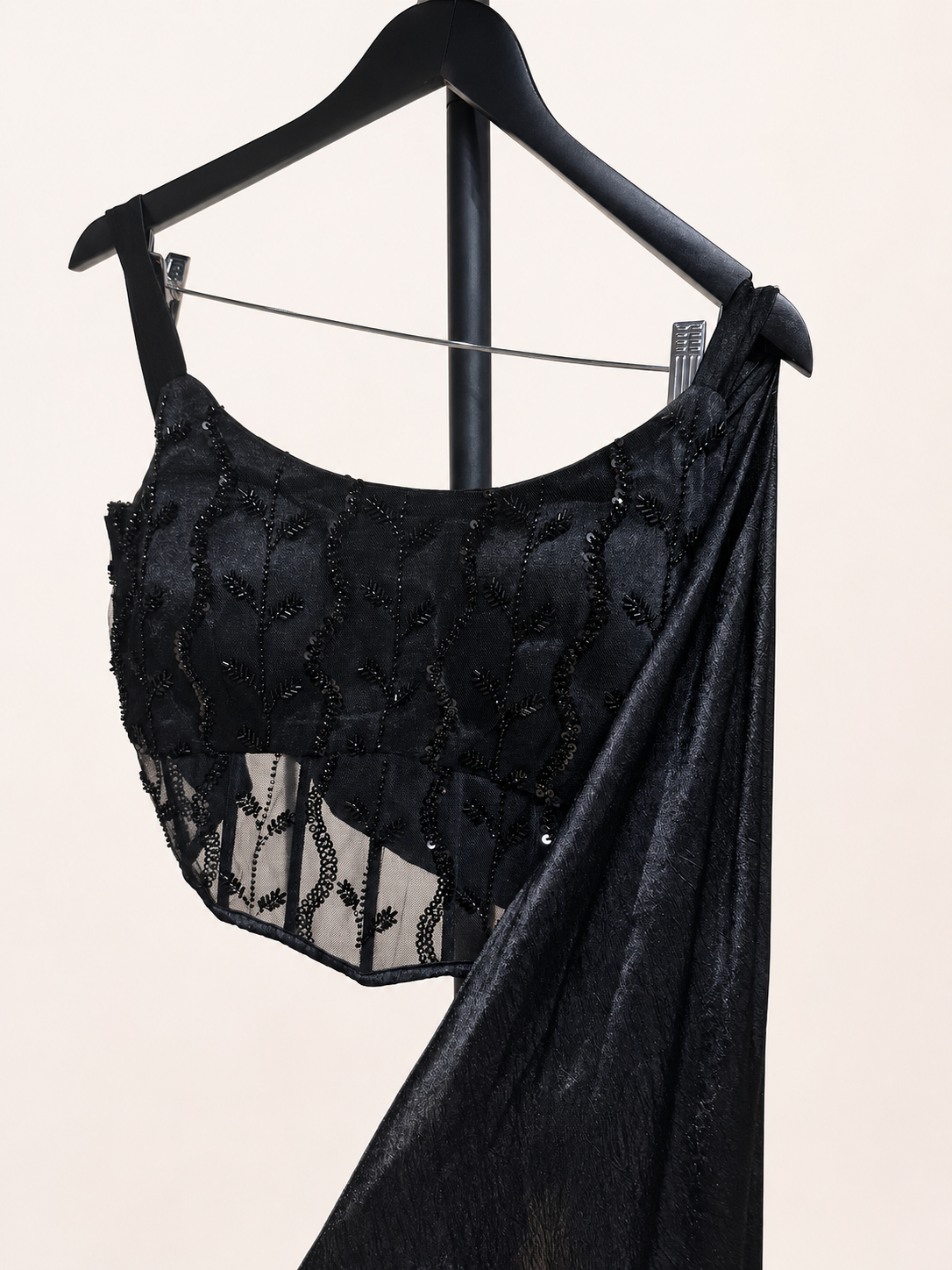 All Black Elegant with Black Beads soft material pre  sari gown