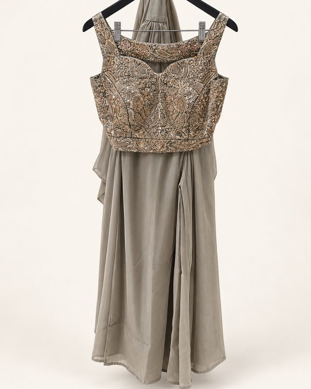 Emerald Gold Sheer Crop Top Gold Embroidered Choker Dupatta Ruffle