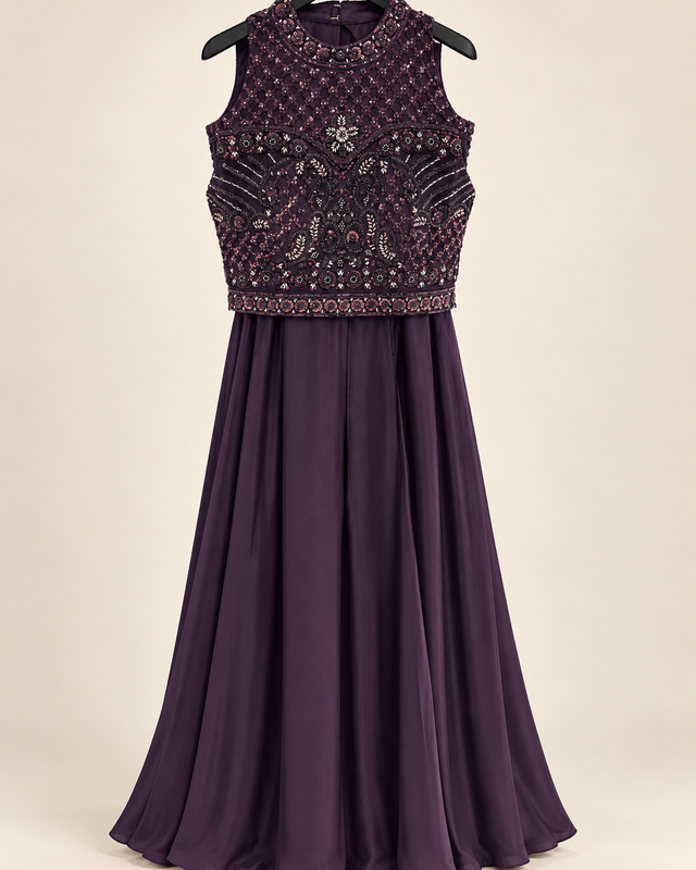 Purple Sleeveless Sequence Crop Top Palazzo Set with Choker Dupatta