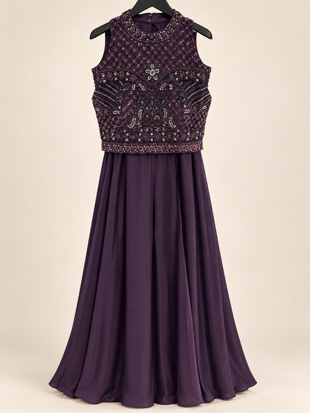 Purple Sleeveless Sequence Crop Top Palazzo Set with Choker Dupatta