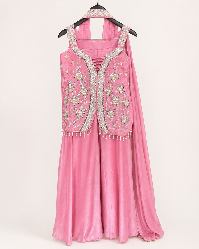 Light Pink Cut Top with Knotted Top Palazzo Set and Choker Dupatta
