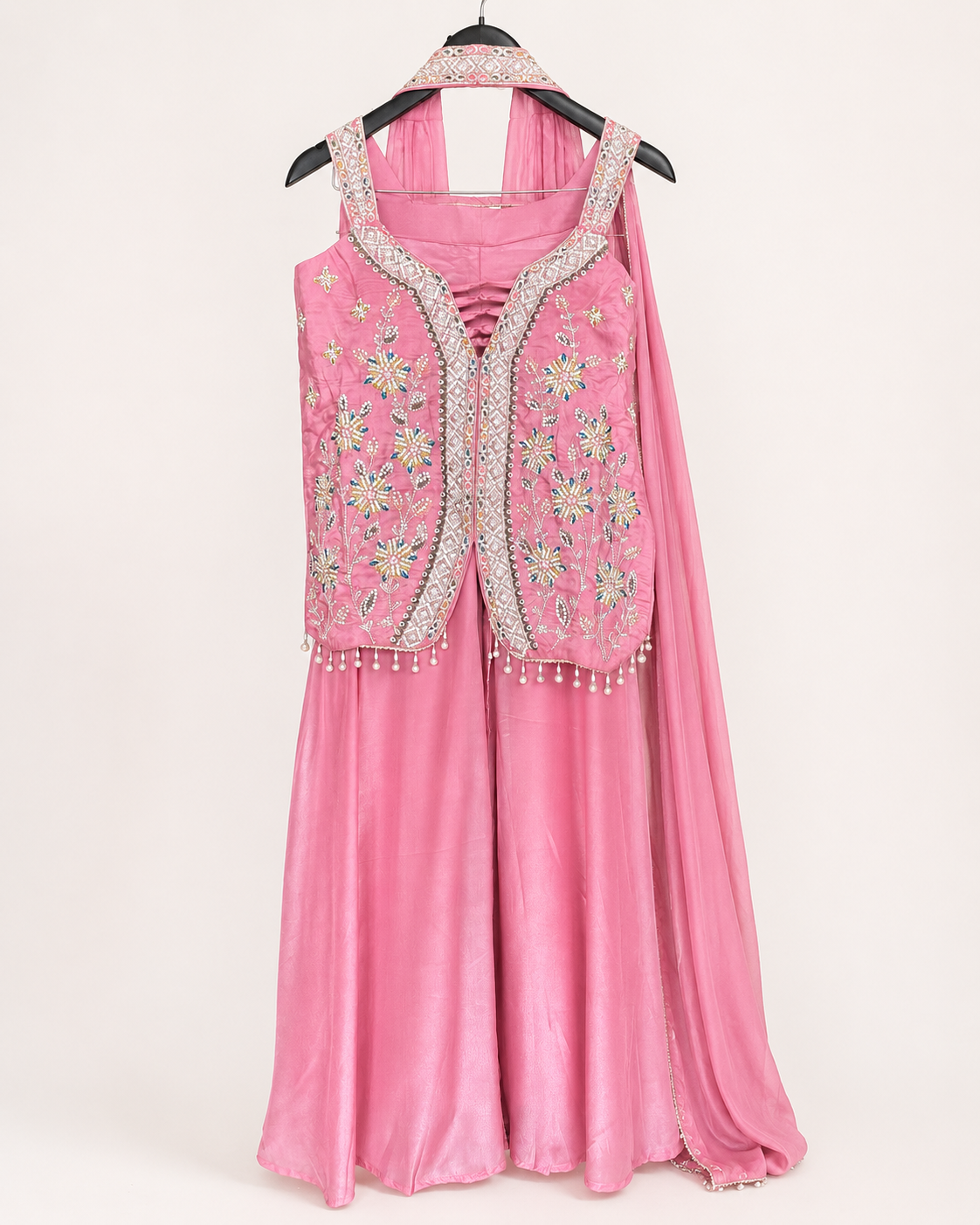 Light Pink Cut Top with Knotted Top Palazzo Set and Choker Dupatta