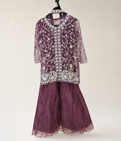 Pink embroided palazzo suit with see through quarter sleeves white embroided heavy look