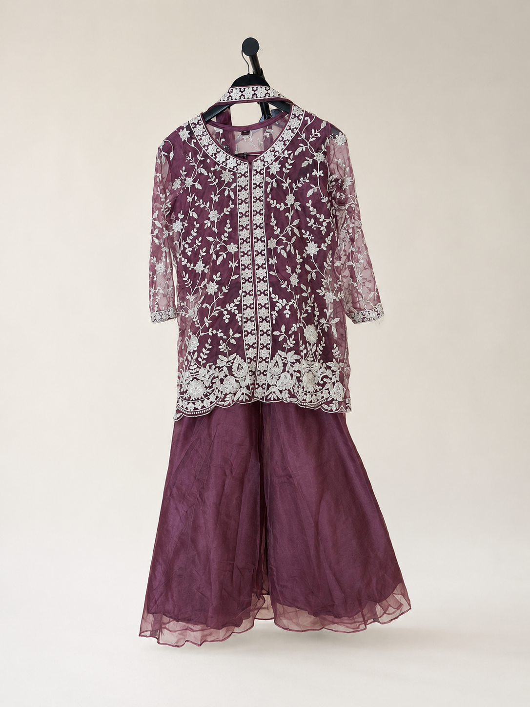 Pink embroided palazzo suit with see through quarter sleeves white embroided heavy look
