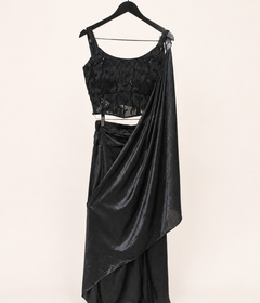 All Black Elegant with Black Beads soft material pre  sari gown