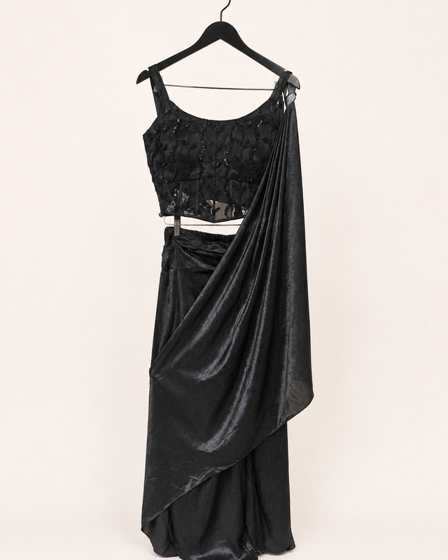 All Black Elegant with Black Beads soft material pre  sari gown