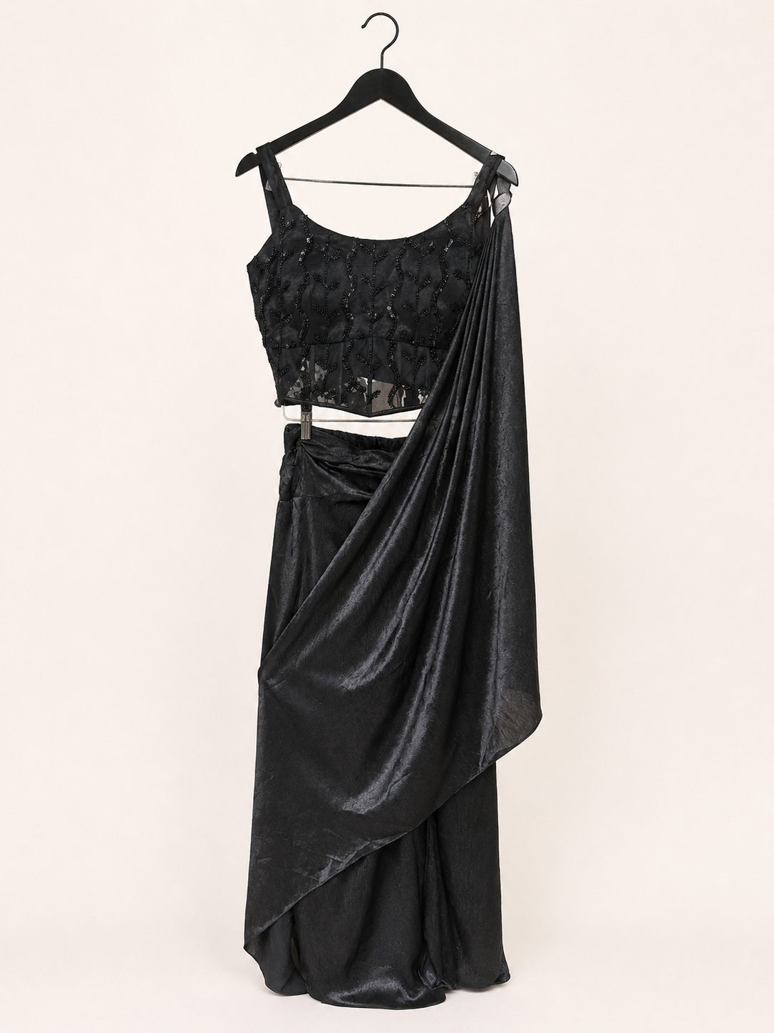 All Black Elegant with Black Beads soft material pre  sari gown