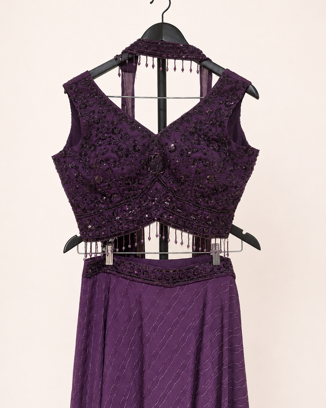 Purple Striped Gown Soft Material Choker Dupatta