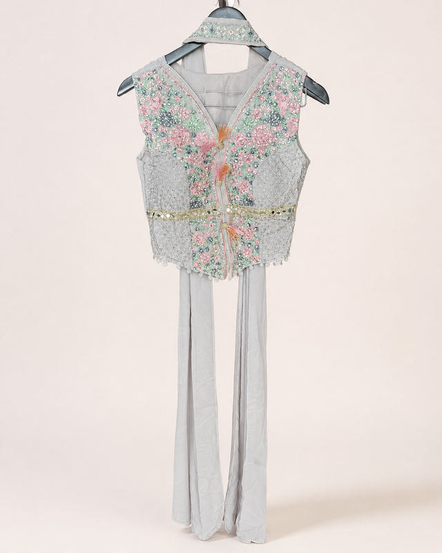 Ivory Grey Embellished Vest Palazzo Set