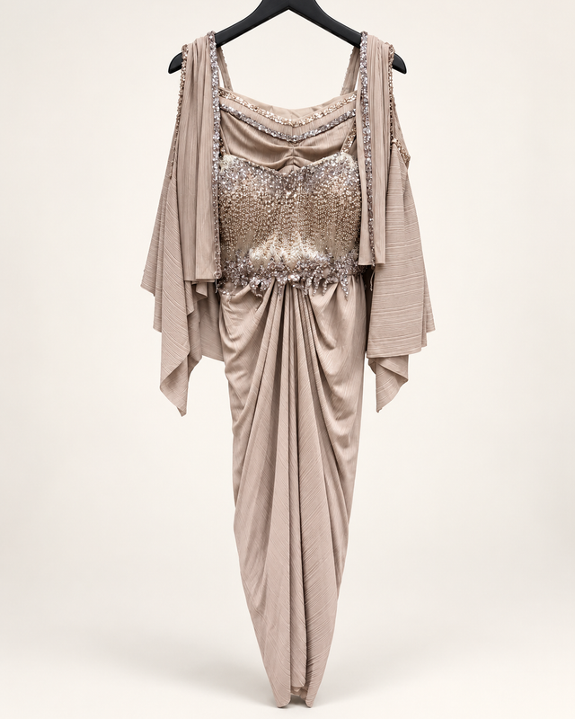 Rose Gold gorgeous Indo Western Riniya Sparkly Set with Cape as Dupatta