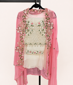 White and Pink Crop Top Floral Palazzo Set with Gold Embroidery and Pink Cape As Dupatta